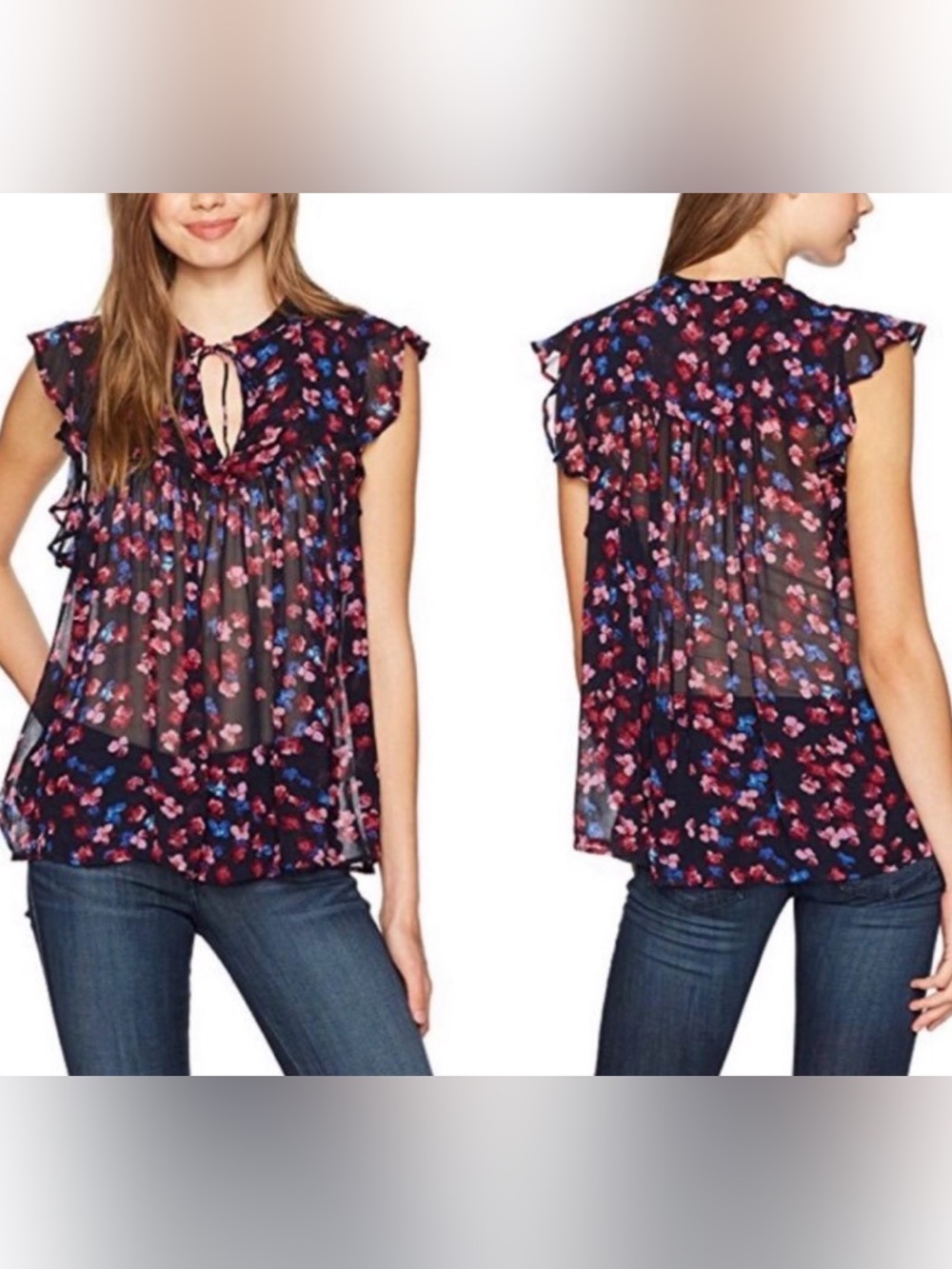 Lucky Brand Sheer Floral Print Flutter Sleeve Tie Neck Boho Blouse Plus Size 3X